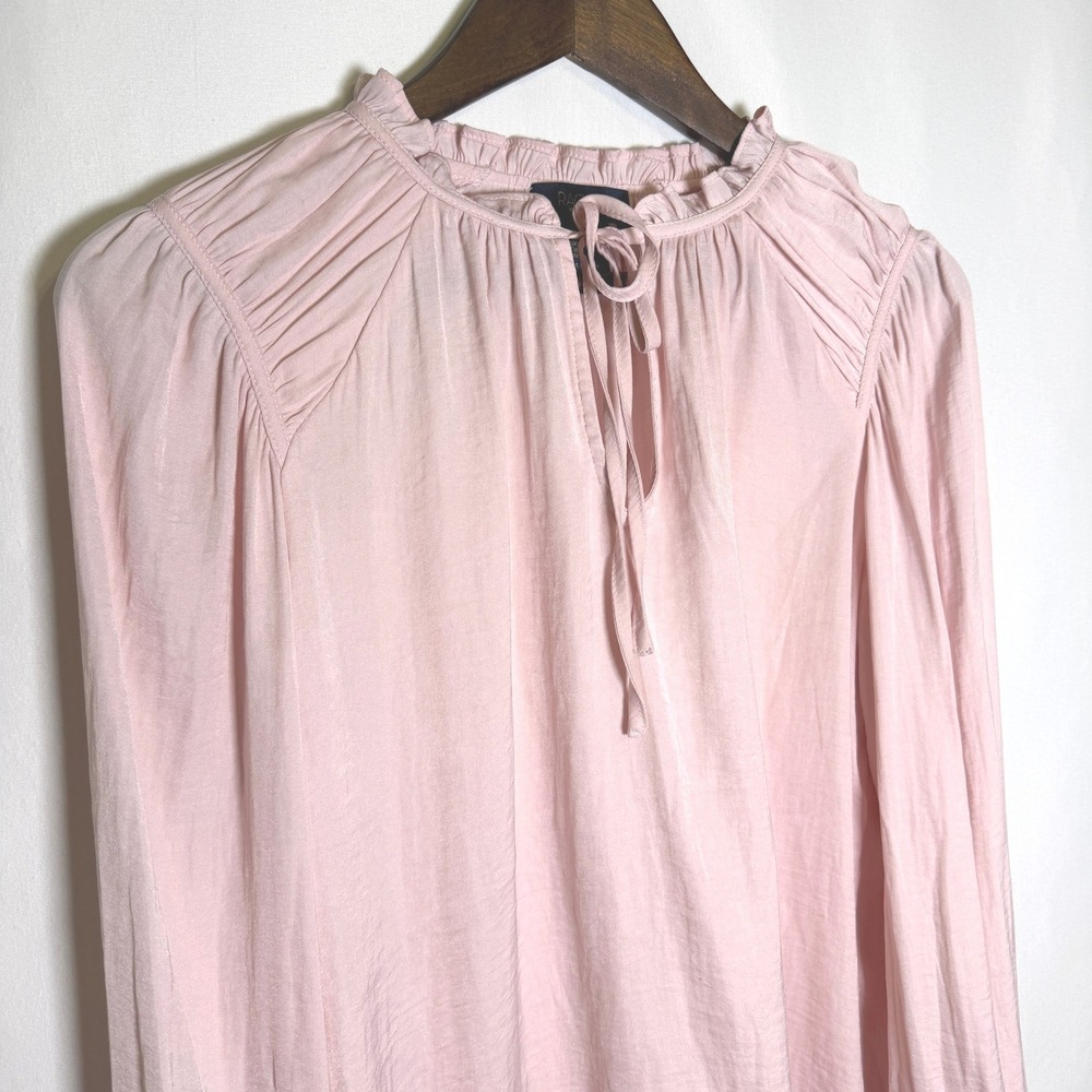Rachel Roy Pink Ruffle Neck Tie Keyhole Smocked Cuff Blouse Womens Medium